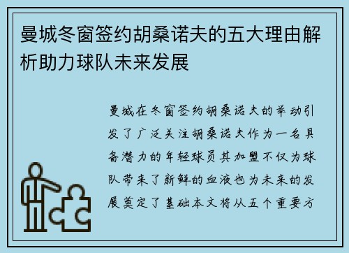 曼城冬窗签约胡桑诺夫的五大理由解析助力球队未来发展