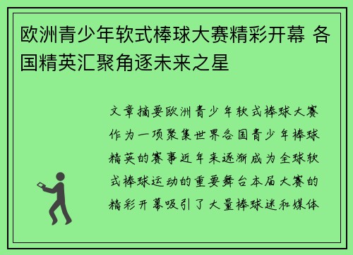 欧洲青少年软式棒球大赛精彩开幕 各国精英汇聚角逐未来之星