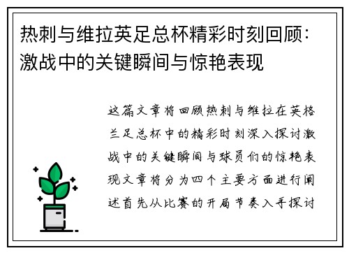热刺与维拉英足总杯精彩时刻回顾：激战中的关键瞬间与惊艳表现