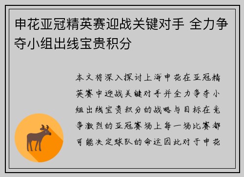 申花亚冠精英赛迎战关键对手 全力争夺小组出线宝贵积分