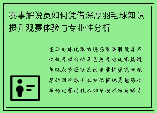 赛事解说员如何凭借深厚羽毛球知识提升观赛体验与专业性分析